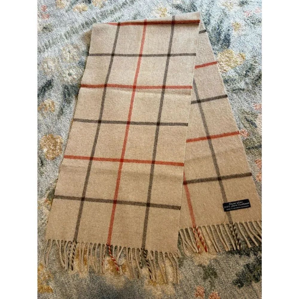 100% Cashmere Plaid Fringe Trim Handcraft Inc Western Germany Scarf